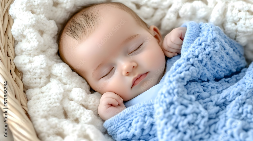 A peaceful sleeping baby wrapped in a cozy blue blanket, nestled in a basket, radiating innocence and tranquility. A peaceful sleeping baby wrapped in a cozy blue blanket, nestled in a basket, radiating innocence and tranquility.