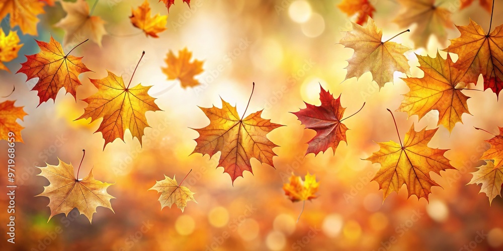 Wide-angle view of flying maple leaves with defocused background Wide-angle view of flying maple leaves with defocused background