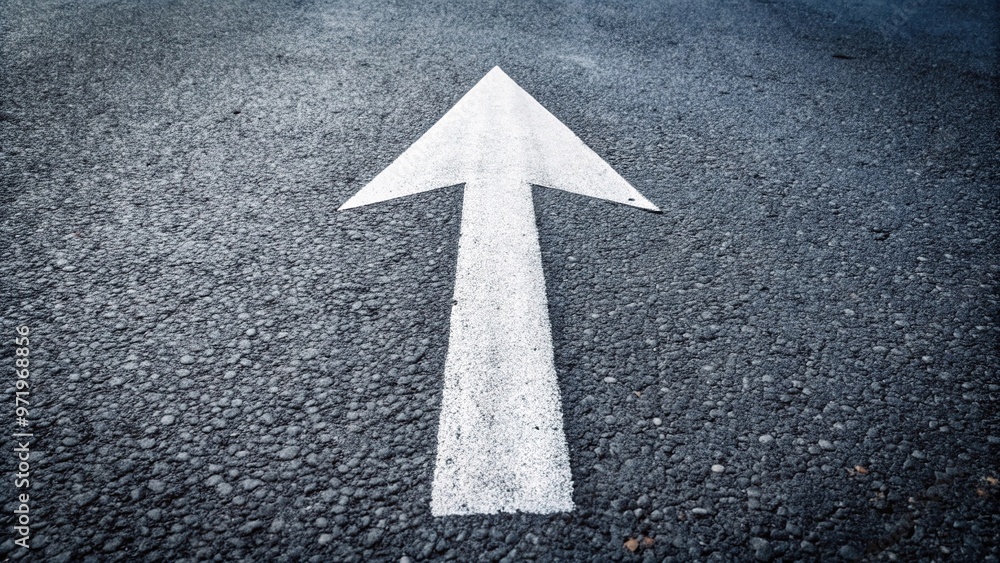 Wide-angle view of white arrow on road Wide-angle view of white arrow on road