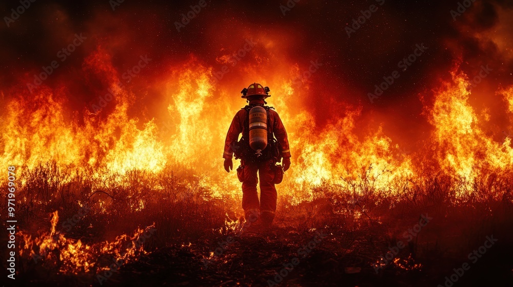 Fototapeta premium Firefighter confronting a raging wildfire in a dramatic scene.