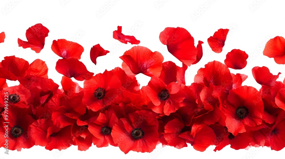 Fototapeta premium A vibrant display of red poppy petals arranged beautifully against a white background, perfect for floral designs.