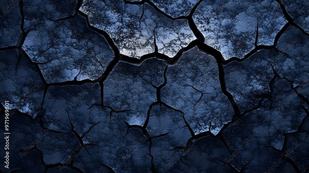 Fototapeta premium Close-up of a cracked surface in deep blue tones, highlighting a unique texture and pattern ideal for backgrounds or artistic projects.
