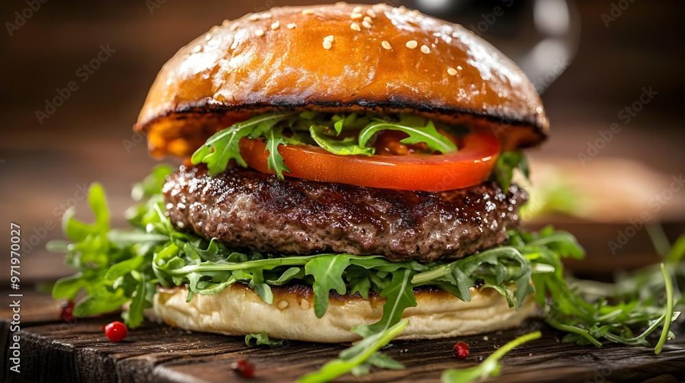 Delicious gourmet burger with sesame bun, fresh vegetables, and juicy patty, perfect for food lovers and culinary enthusiasts. Delicious gourmet burger with sesame bun, fresh vegetables, and juicy patty, perfect for food lovers and culinary enthusiasts.