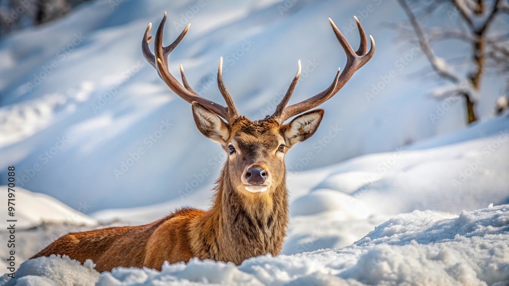 Wildlife photography of red deer in the snow, high angle view