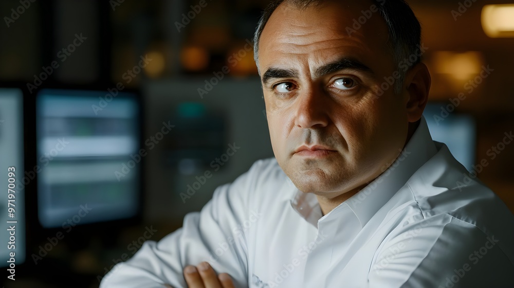 Fototapeta premium Focused man in a white shirt looking thoughtfully at the camera, conveying seriousness and concentration in a modern workspace.