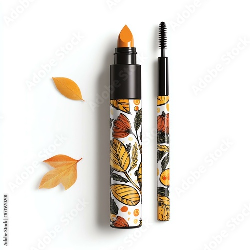 Colorful lip product with a unique floral design, accompanied by a brow brush, ideal for makeup enthusiasts and beauty lovers. photo