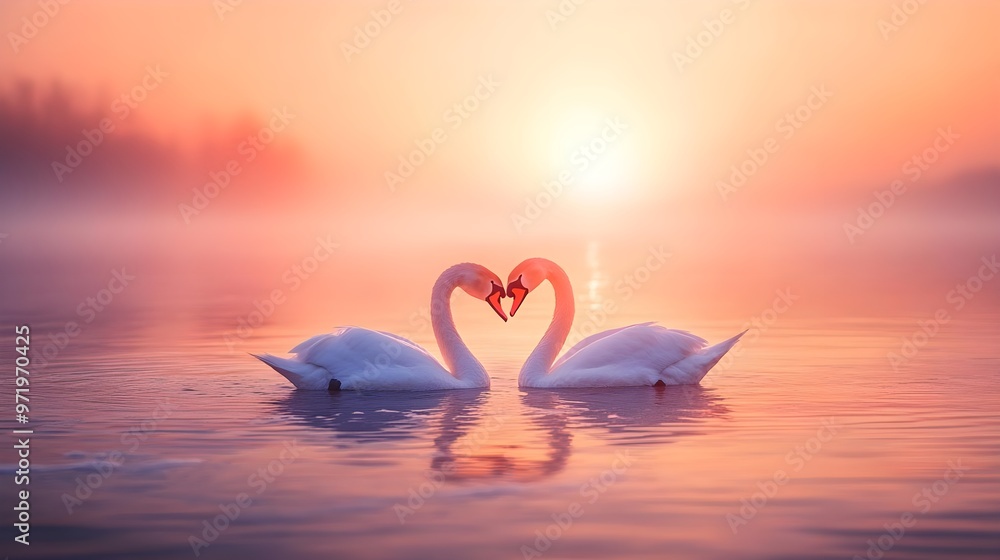 Fototapeta premium Two swans forming a heart shape in serene water at sunrise, surrounded by mist and soft colors, symbolizing love and tranquility.