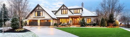 Luxurious Home with Snow Covered Roof and Warm Lights.