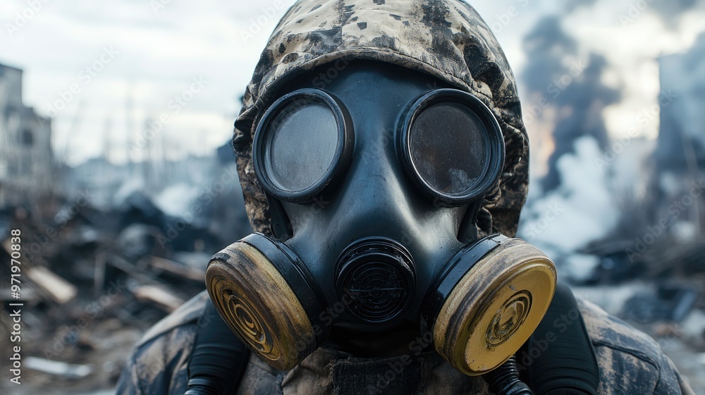 person wearing a gas mask in a heavily polluted area person wearing a gas mask in a heavily polluted area