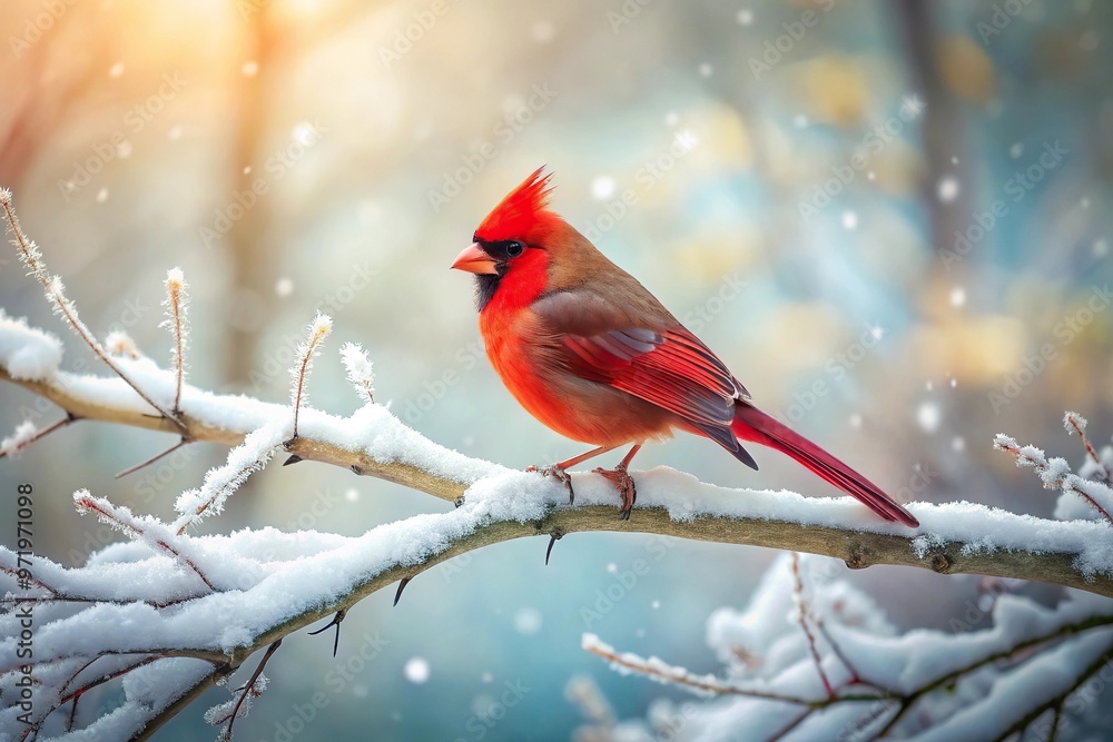 Winter forest scene with red cardinal perched on snowy branch