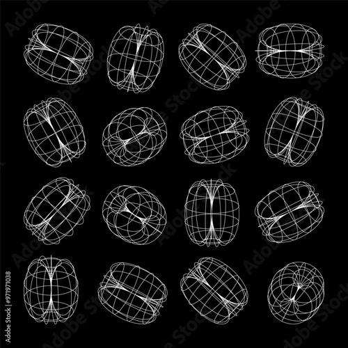 Wireframe lined shapes. Perspective mesh, 3d grid. Low poly geometric elements. Retro futuristic design elements, y2k, vaporwave and synthwave style. Vector illustration