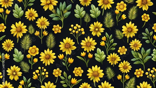 winter floral seamless pattern on black background