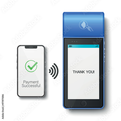 Vector 3D Realistic Blue NFC Payment Terminal and Smartphone Closeup. Successful Payment, Transaction. Payment Machine, Approved Status. Design Template, Bank Payment Contactless Terminal