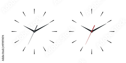Vector 3d Realistic Wall Office Clock Face Set. White and Black Dial and Clock Hands Closeup Isolated. Design Template. Simple Minimalistic Wall Clocks in Front View