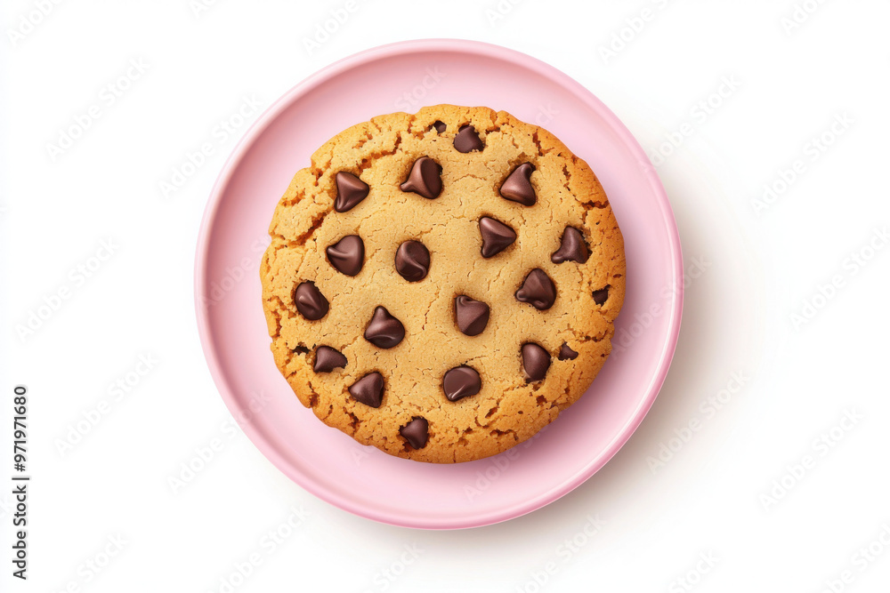 Delicious chocolate chip cookie on a pink plate, perfect for dessert or snack time, showcasing a classic treat. Delicious chocolate chip cookie on a pink plate, perfect for dessert or snack time, showcasing a classic treat.