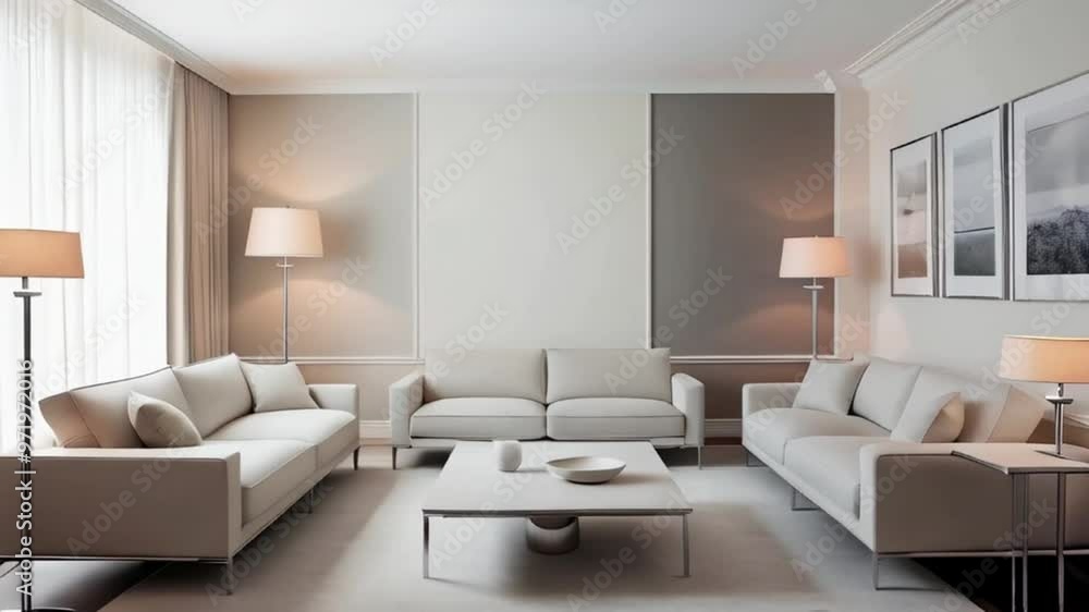A serene 3D living room design exudes minimalist elegance, characterized by clean lines, simple shapes, and a predominantly neutral color palette featuring soothing shades of creamy whites, soft grays A serene 3D living room design exudes minimalist elegance, characterized by clean lines, simple shapes, and a predominantly neutral color palette featuring soothing shades of creamy whites, soft grays
