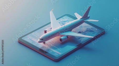 3D airplane showing booking interface, creative travel elements, realistic design, highresolution textures, travel theme