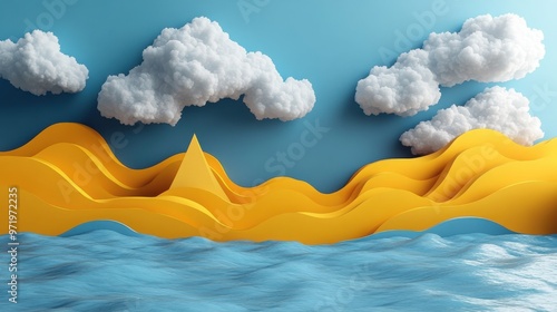 abstract yellow backgroun with blue pyrami an white clouds modern minimal wallpaper photo