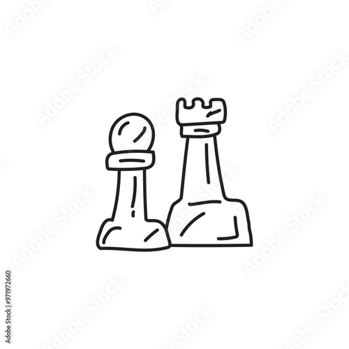 Chess pieces pawn and rook black and white doodle art illustration