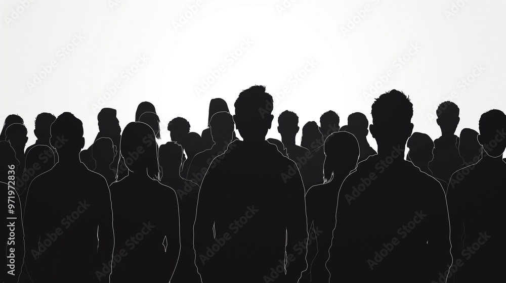 Silhouettes of a large group of people standing together, symbolizing unity, diversity, and community. The figures are shown in black against a white background, creating a striking visual contrast