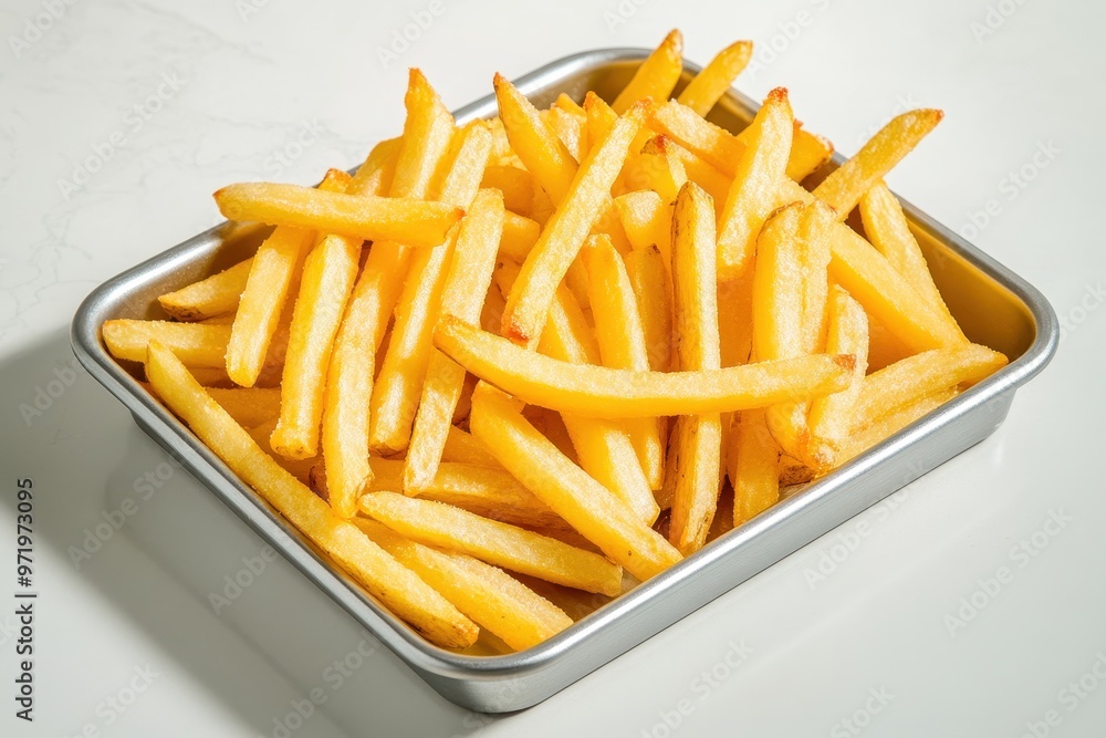 Frozen French fries in a tray, waiting to be baked, on a modern kitchen surface Frozen French fries in a tray, waiting to be baked, on a modern kitchen surface