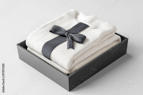 White Ribbed Fabric Gift Box with Black Bow photo