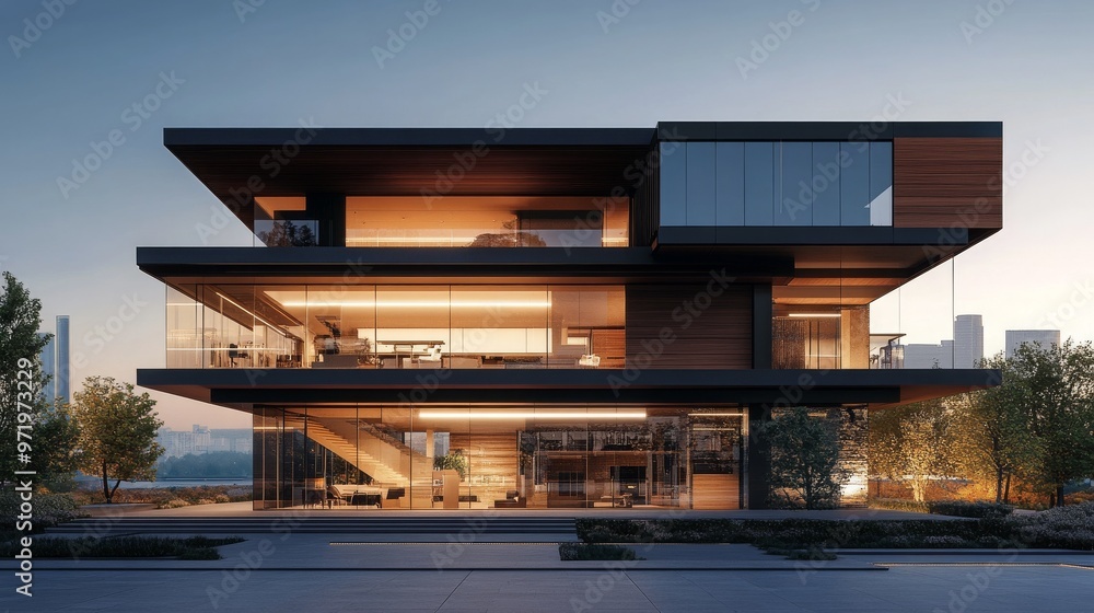 Modern Glass and Wood Luxury Home Exterior with City Skyline Modern Glass and Wood Luxury Home Exterior with City Skyline