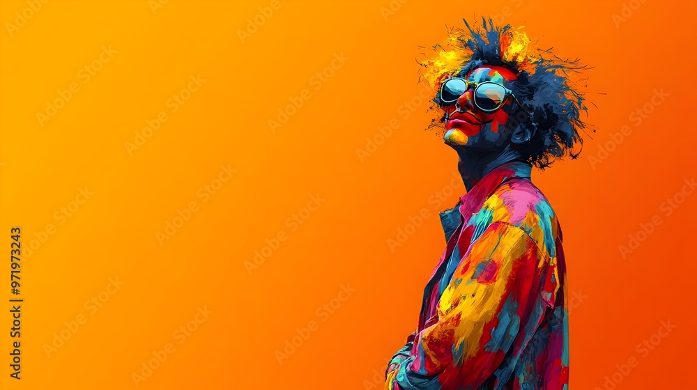 Fototapeta premium Disguised Street Performer in Vibrant Colorful Attire on Flat Background