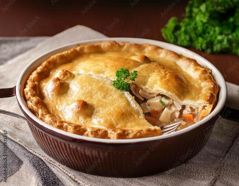 American Chicken pot pie in the baking dish on the table. American Chicken pot pie in the baking dish on the table.