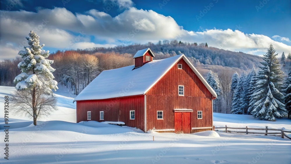 Winter scene in Vermont with red barn and snow Winter scene in Vermont with red barn and snow