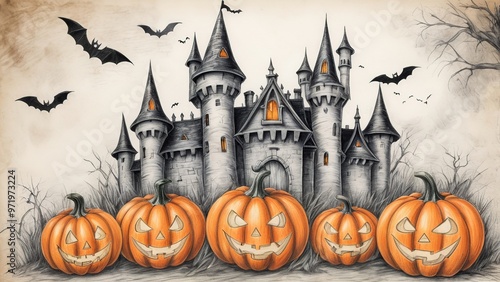 Halloween themed painting featuring Halloween pumpkins and an old castle created using colored pencils