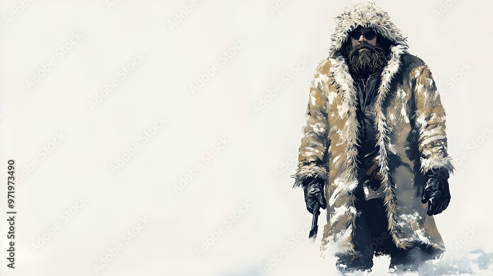 Covert Adventurer in Faux Fur Coat against Snowy Minimalist Backdrop Covert Adventurer in Faux Fur Coat against Snowy Minimalist Backdrop