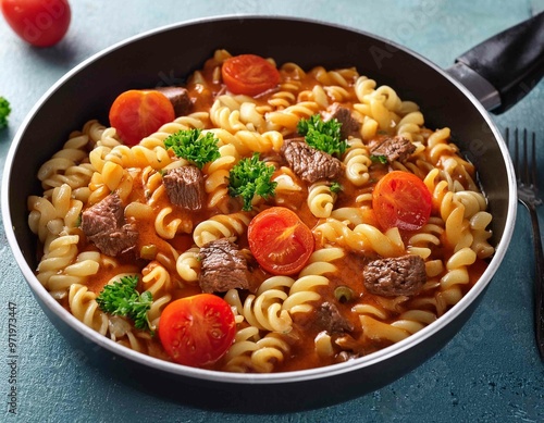 american chop suey, american goulash, with elbow pasta, beef and tomatoes close up in a saucepan. photo