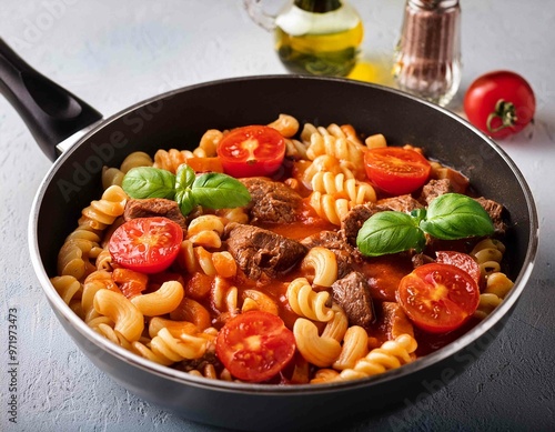 american chop suey, american goulash, with elbow pasta, beef and tomatoes close up in a saucepan. photo