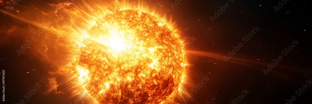 Fototapeta premium A close-up view of a sun-like star erupting with a powerful solar flare, showcasing the immense energy and intensity of this celestial phenomenon.