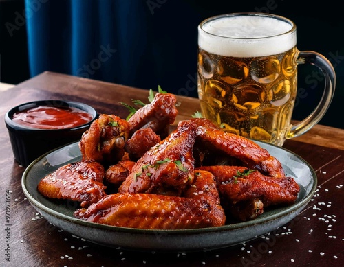 boneless buffalo bbq chicken wngs with ranch sauce and beer
 photo