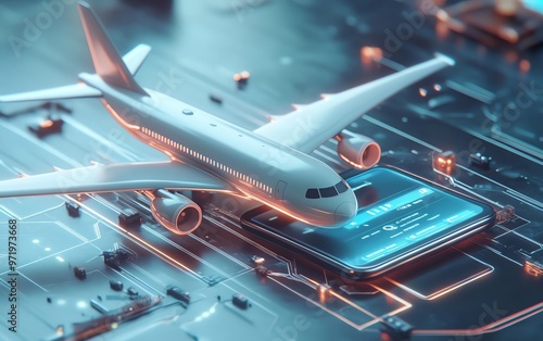 3D airplane showing booking interface, creative travel elements, realistic design, highresolution textures, travel theme