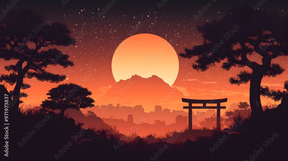 Serene Japanese Landscape with Torii Gate at Sunset Under Starry Sky Serene Japanese Landscape with Torii Gate at Sunset Under Starry Sky