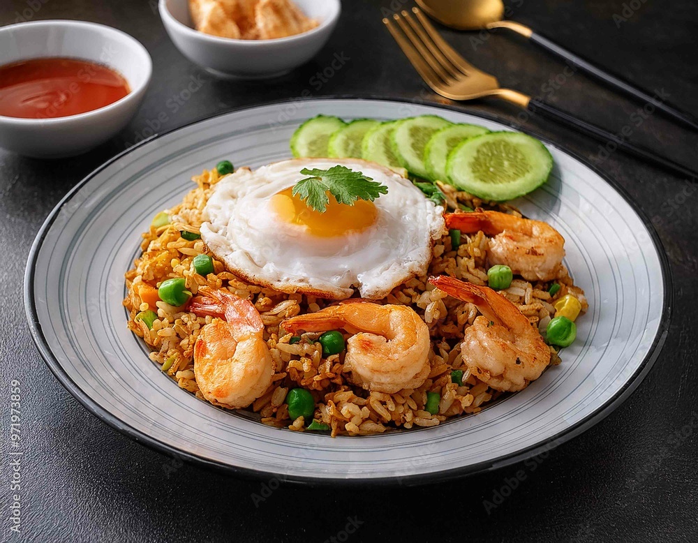 Asian fried rice nasi goreng with chicken, prawns, egg and vegetables Asian fried rice nasi goreng with chicken, prawns, egg and vegetables