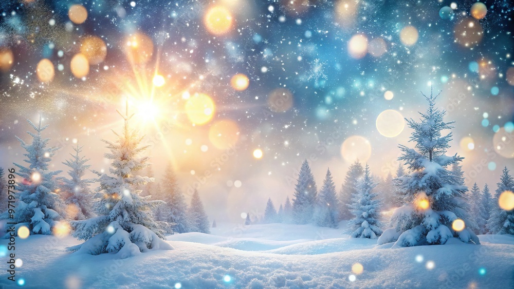 Winter wonderland background with snowfall and bokeh lights