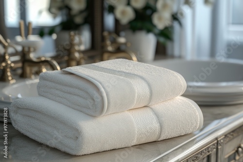 Two White Bath Towels Folded and Resting on a Countertop