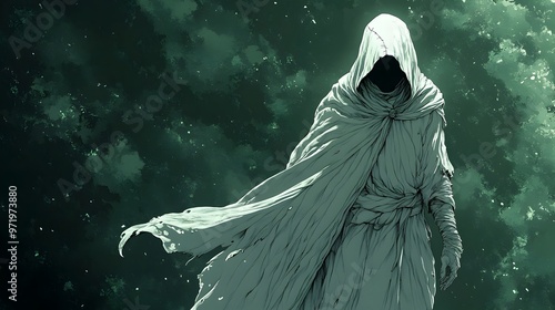 Shrouded Sorcerer in Anime Pop Art Style:Hooded Cloak Masking a Wandering Mystical Figure