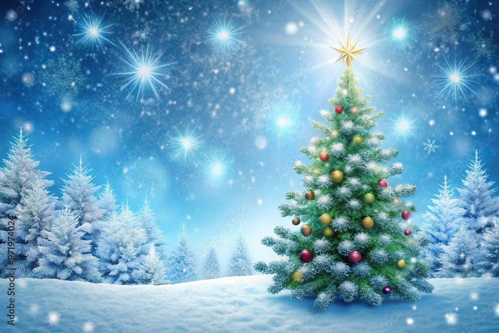 Winter wonderland scenery with a Christmas tree and snowflakes Winter wonderland scenery with a Christmas tree and snowflakes