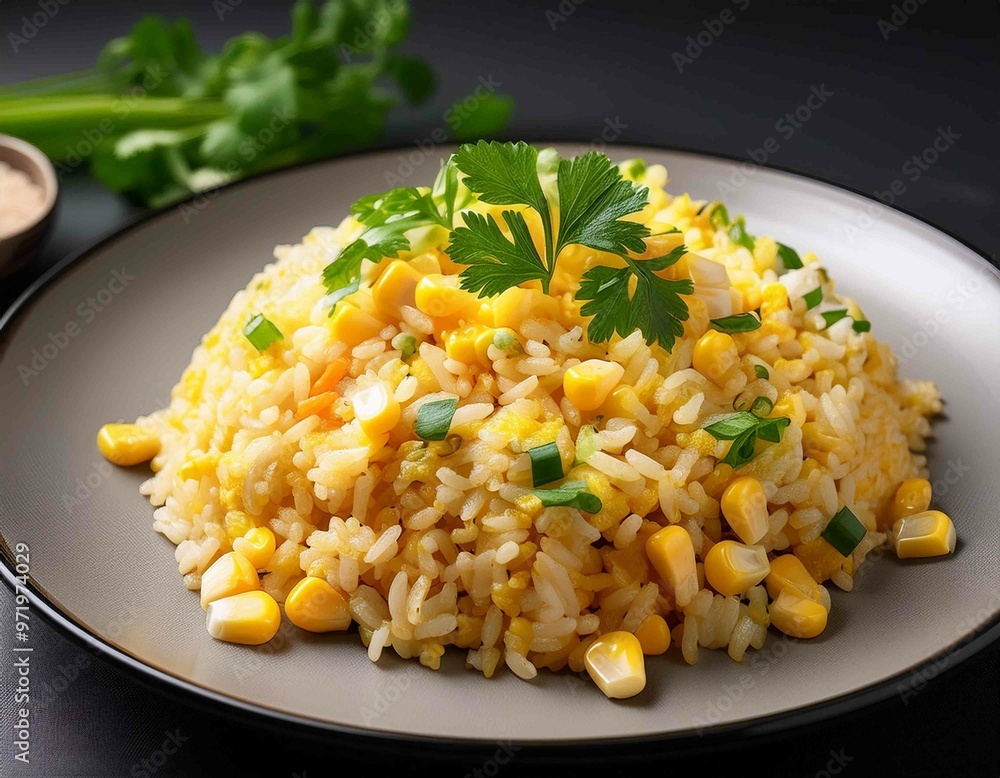 Asian fried rice with eggs, corn and parsley closeup on a plate Asian fried rice with eggs, corn and parsley closeup on a plate