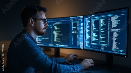 A concentrated software developer sits at his desk, working late into the night. He is analyzing data on multiple monitors, his expression focused and determined. This image represents dedication, pro