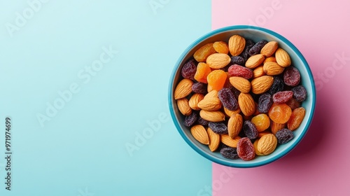 A bowl of dried fruits and almonds on a pastel background, top view, plenty of copy space.