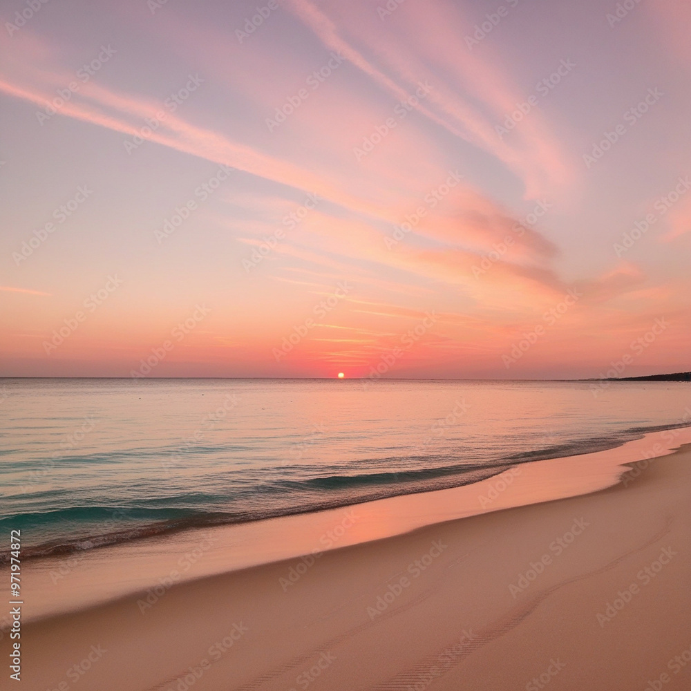 Obraz premium Peaceful Sunset at the Beach: Soft Pink Skies and Gentle Waves Create a Tranquil Seascape