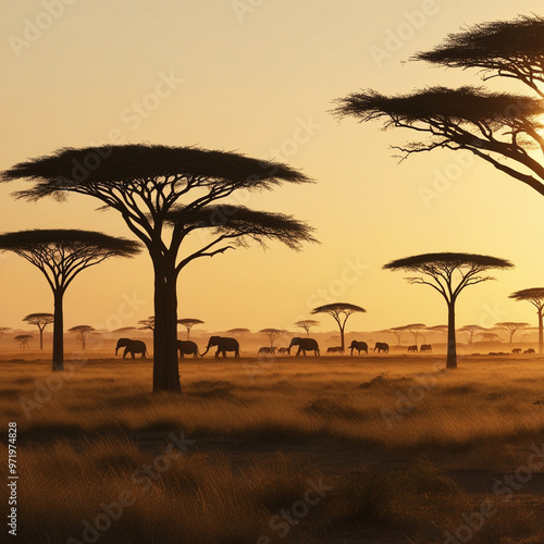 Golden Hour on the Savanna: Elephants Roaming Among Iconic Acacia Trees