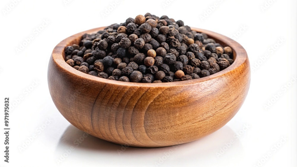 Wooden bowl with black peppercorns on white background Wooden bowl with black peppercorns on white background