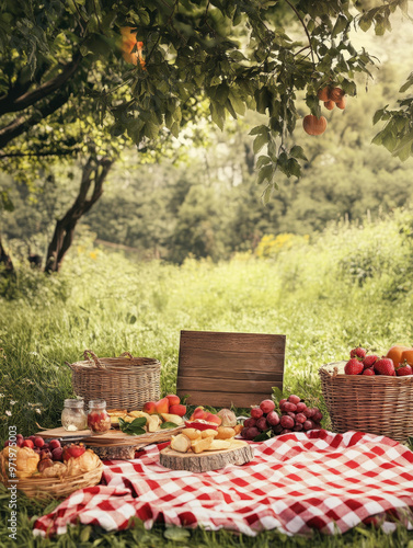 A delightful summer picnic spread laid out on a checkered blanket under a tree. A wicker basket filled with fresh fruit, a wooden sign, and a variety of snacks, create a scene of relaxation and enjoym photo